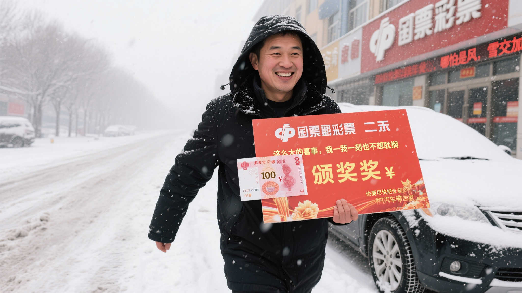 男子喜获福彩80万+汽车大奖,风雪难阻领奖热情 男子喜获福彩80万+汽车大奖,风雪难阻领奖热情